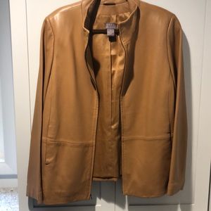 Camel-colored leather jacket with mandarin collar, size 14.